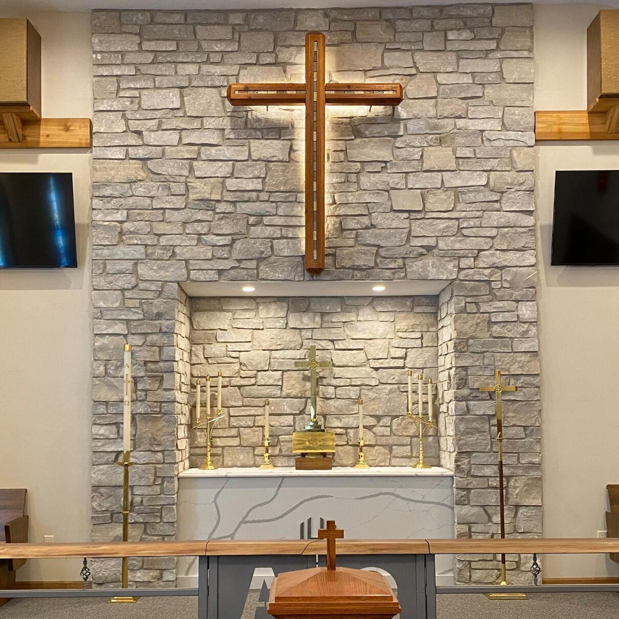 Stained glass depicting the crucifixion of Jesus Christ, on Wednesday, July 27, 2022, at Trinity Lutheran Church, Mobile, Ala. LCMS Communications/Erik M. Lunsford